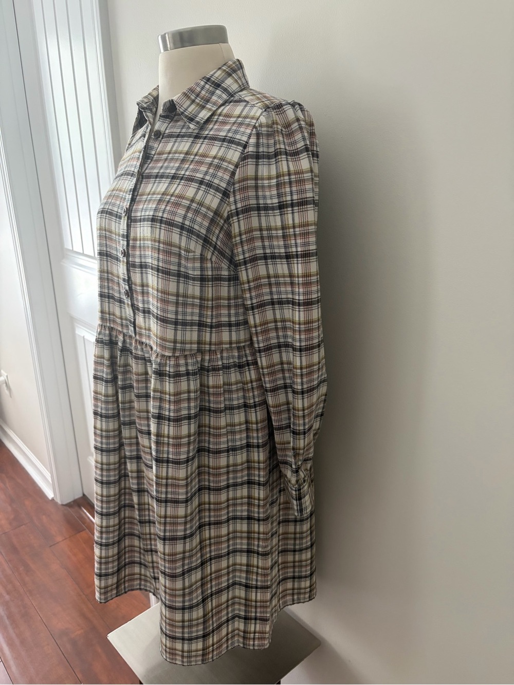 LOFT Plaid Button-Down Midi Babydoll Shirt Dress SP Dark Academia Preppy Fall - Picture 5 of 9